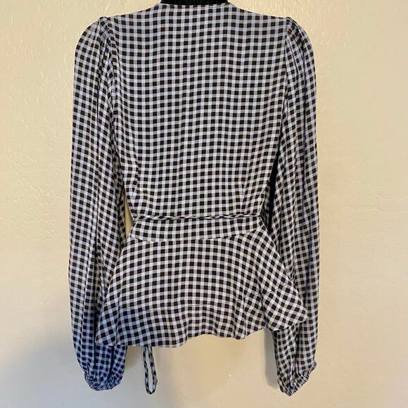 GANNI Gingham Wrap Top Womens Size 36 Small 4 Long Sleeve Blouse - Picture 2 of 8